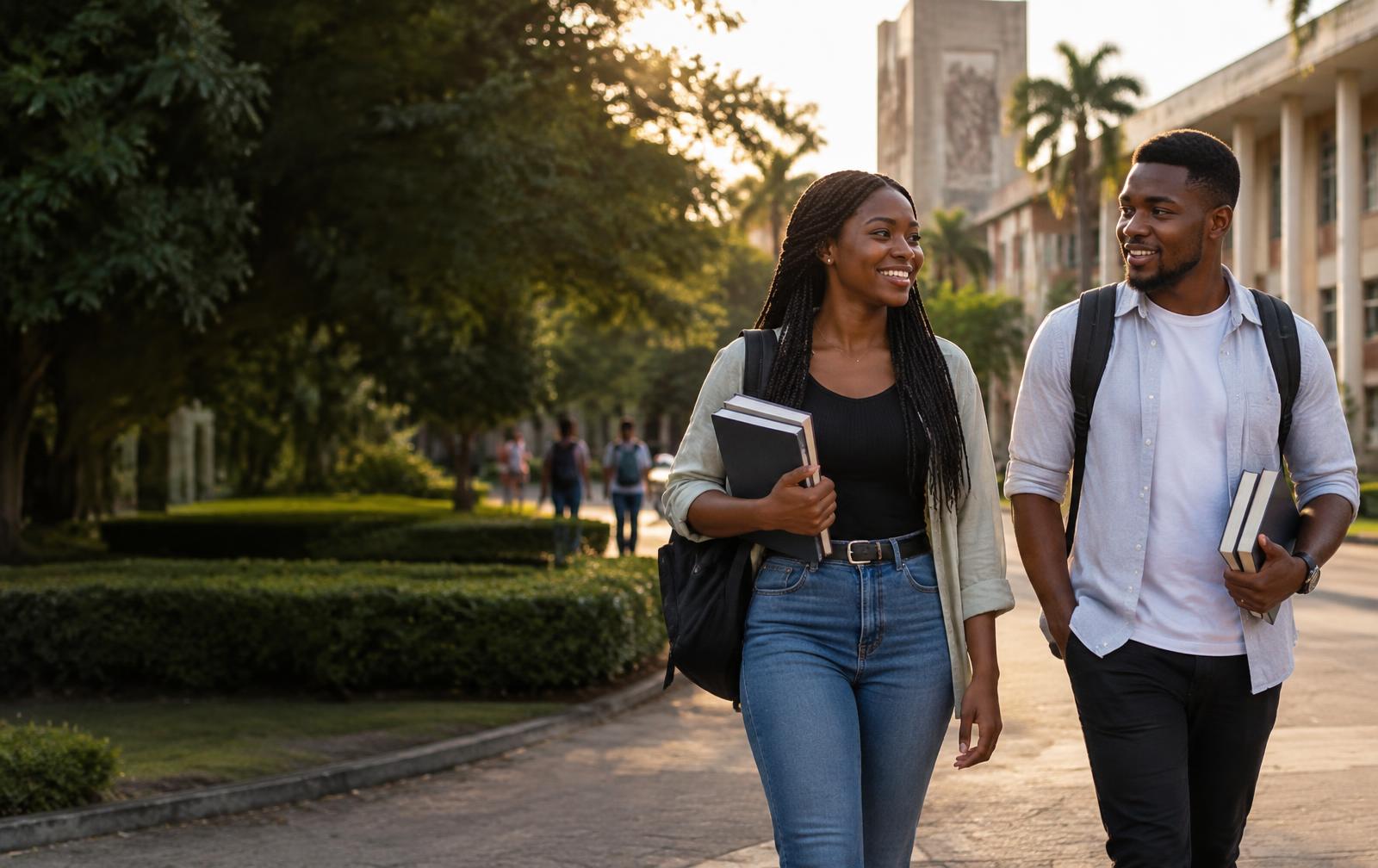 Two Nigerian university students walking together on campus